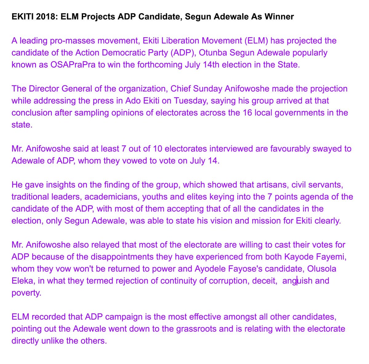 OSAprapra's tweet photo. Ekiti 2018: Ekiti Liberation Movement (ELM) Projects ADP Candidate, Segun Adewale As Winner

#Ekiti #Ekiti2018 #EkitiADP #SegunAdewale #ELM #ADP https://t.co/xMzw8j7nOo