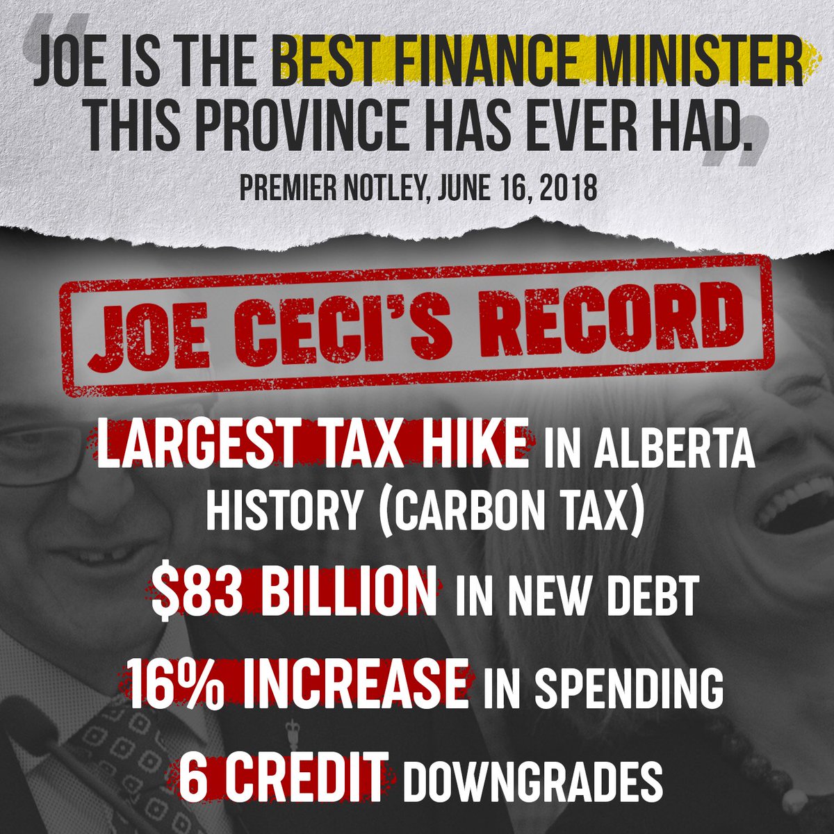 jkenney's tweet photo. The Premier’s claim that Joe Ceci is “the best Finance Minister this province has ever had” shows how completely out of touch the NDP is with reality. https://t.co/CTnzhxkrre