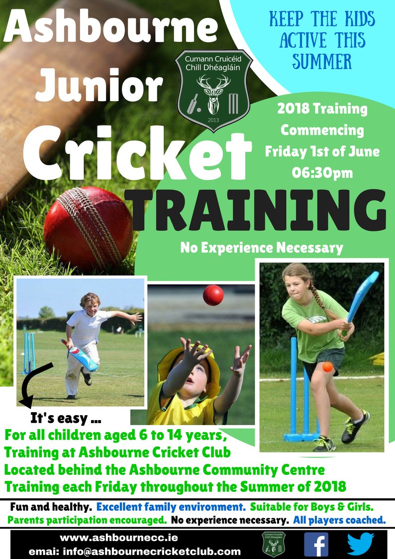 meathcricket's tweet photo. Junior cricket training for Ashbourne Cricket Club will be this FRIDAY from 6:30 at our ground behind Ashbourne Community Centre. All boys and girls aged between 6-12 are welcome. No equipment required. PM if any more details are needed. https://t.co/lq9shWnjhq