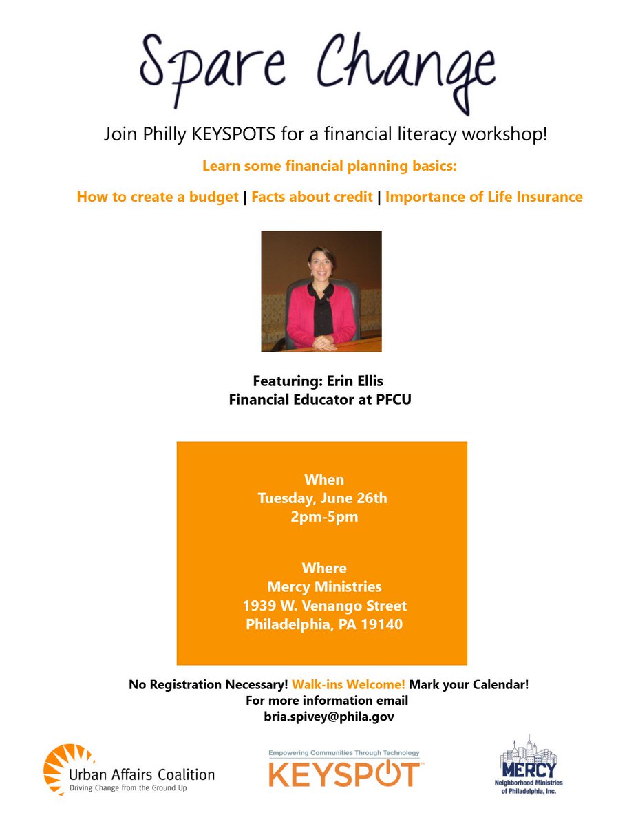 FLPHotSpots's tweet photo. Join us on Tuesday, June 26th at our Mercy Ministries location for a FREE financial literacy workshop. Learn about budgeting, credit ratings and the importance of life insurance. This workshop will run from 2:00-5:00 PM and will be facilitated by an educator from the @InsidePFCU. https://t.co/j12yxB51Lo