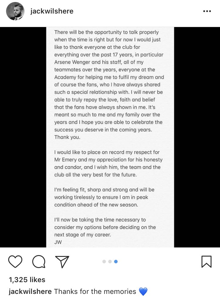 DeadlineDayLive's tweet photo. BREAKING: Jack Wilshere has confirmed he is leaving Arsenal when his contract expires this month. (Source: Jack Wilshere IG) https://t.co/Hlaws8CNYn