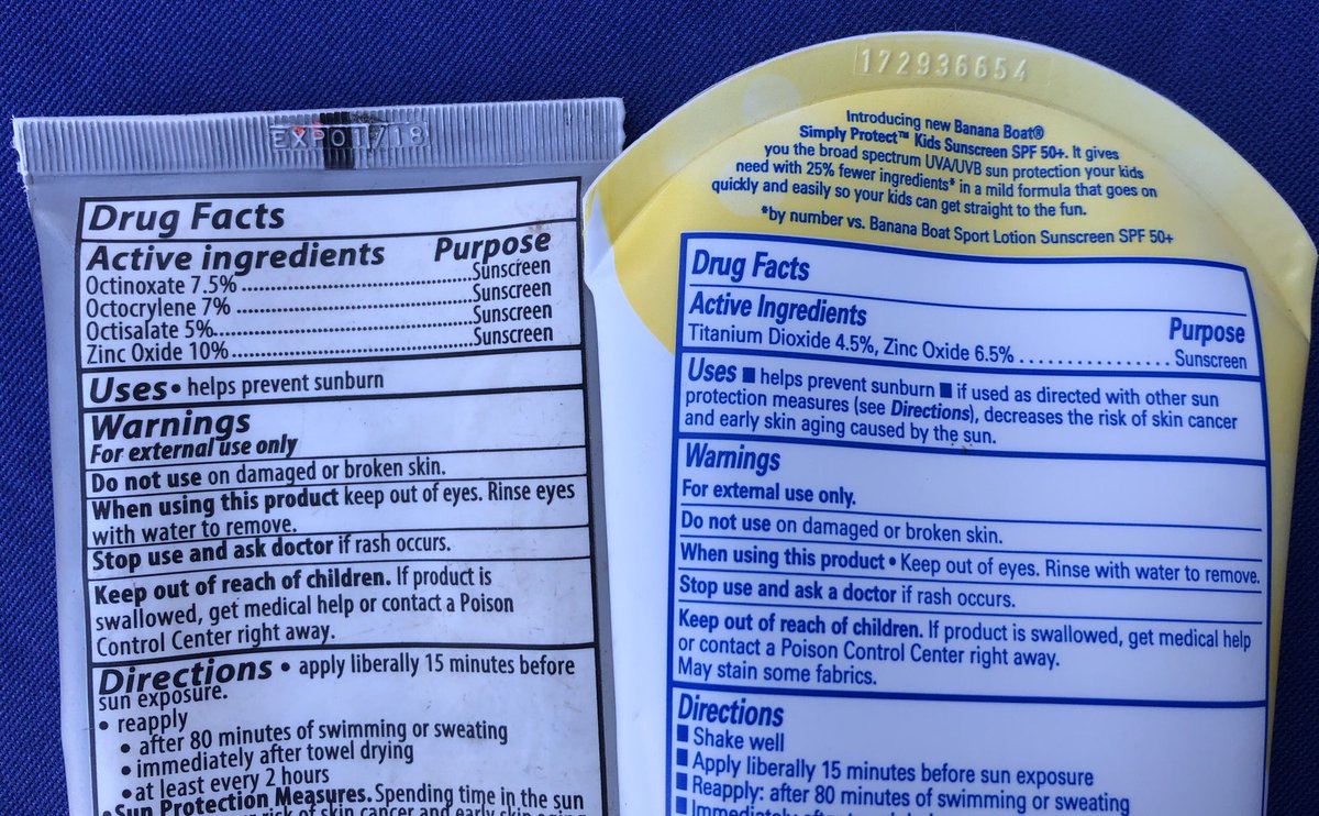 Do you know how to spot reef safe sunscreen? On the left is considered “toxic” because of the “O ingredients” and the right is reef safe because the only active ingredients are Titanium Dioxide and Zinc Oxide. #TheMoreYouKnow #SaveOurSeas