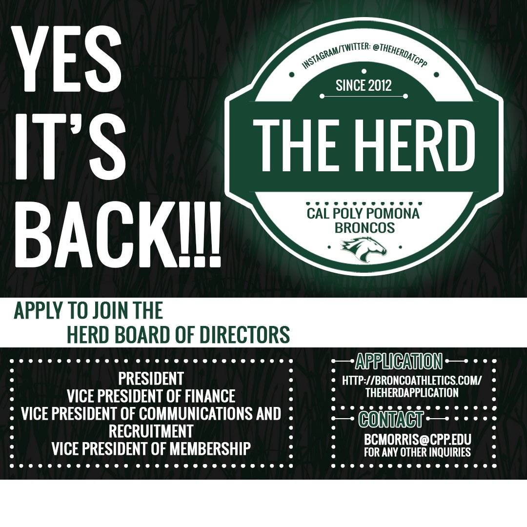 TheHerdatCPP's tweet image. The Herd has been in the pasture the past couple years, but it's ready to stampede back! Apply now to join the Herd Board of Directors.
broncoathletics.com/theherdapplica…