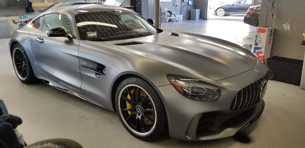 AVOclearbra's tweet photo. Factory satin paint from Mercedes on this 2018 GT AMG: we wrapped w/Suntek stealth Clear Bra #amg #benz #fastcar #exotic #carwrap #f1 #petronas #waxing #clearbra https://t.co/B4nPIsOSeN