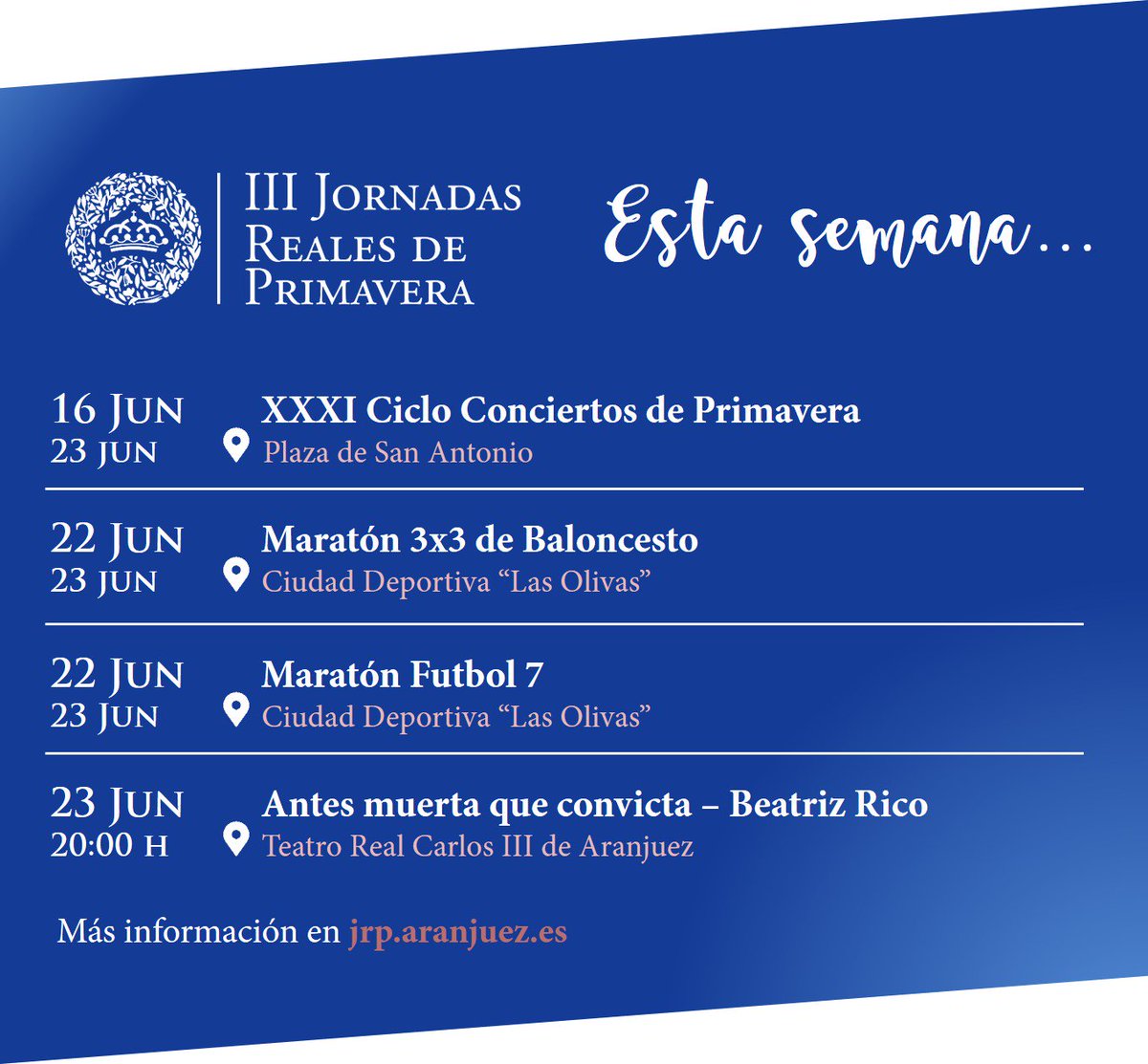 Es la última semana de Jornadas Reales de Primavera 2018, pero nos despedimos con mucho #deporte ⚽🏀 y los Ciclos Concierto de Primavera 🎼

¡¡Os deseamos un feliz verano!! 🌞⛱️

<a href="/Ayto_Aranjuez/">Ayto. Aranjuez</a> <a href="/DeporteAranjuez/">Deporte Aranjuez</a> <a href="/clubsmedia/">Club Smedia Teatro</a>  <a href="/TeatroAranjuez/">Teatro Real Aranjuez</a>