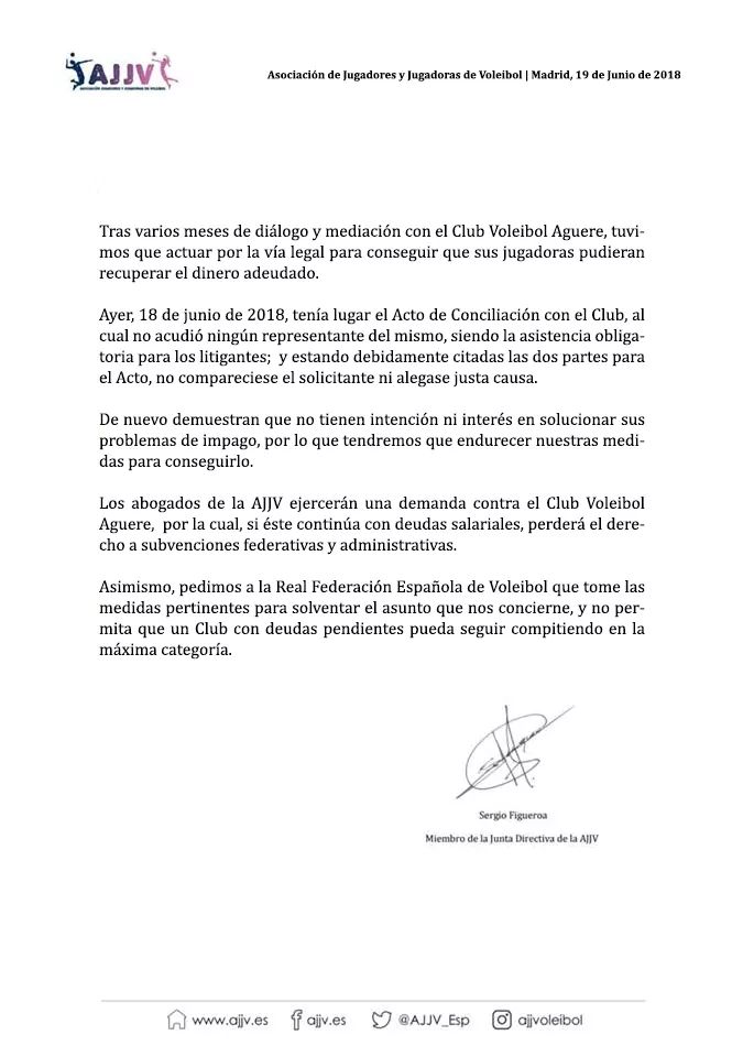 #CasoAguere
Ayer, 18 de junio de 2018, tuvo lugar el Acto de Conciliación con el Club Voleibol Aguere, al cual no acudió ningún representante del mismo, siendo la asistencia obligatoria para los litigantes y estando debidamente informadas ambas partes. #BastaYa