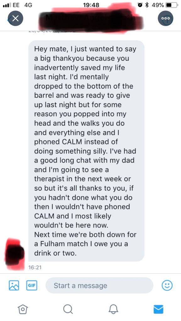 I received this DM today (I won’t name the fella, he is doing well x) but each and every <a href="/FulhamFC/">Fulham Football Club</a> <a href="/ReadingFC/">Reading FC</a> and <a href="/BCFC/">Birmingham City FC</a> fan should all be very proud. Together we are making a difference x #StandUnited #SaveTheMale <a href="/theCALMzone/">CALM</a> #MentalHealth #MentalHealthawareness
