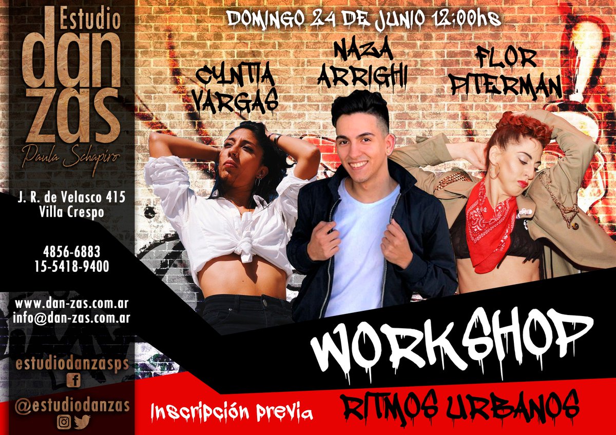 ESTE DOMINGO DE 12 A 17.30 HDS!!!!
WORSHOP IMPERDIBLE! 
3 maestros de ritmos urbanos!
#FlorPiterman <a href="/NazaArrighi/">Nazareno Arrighi</a> <a href="/vargas_cyntia/">Cyntia Vargas</a>