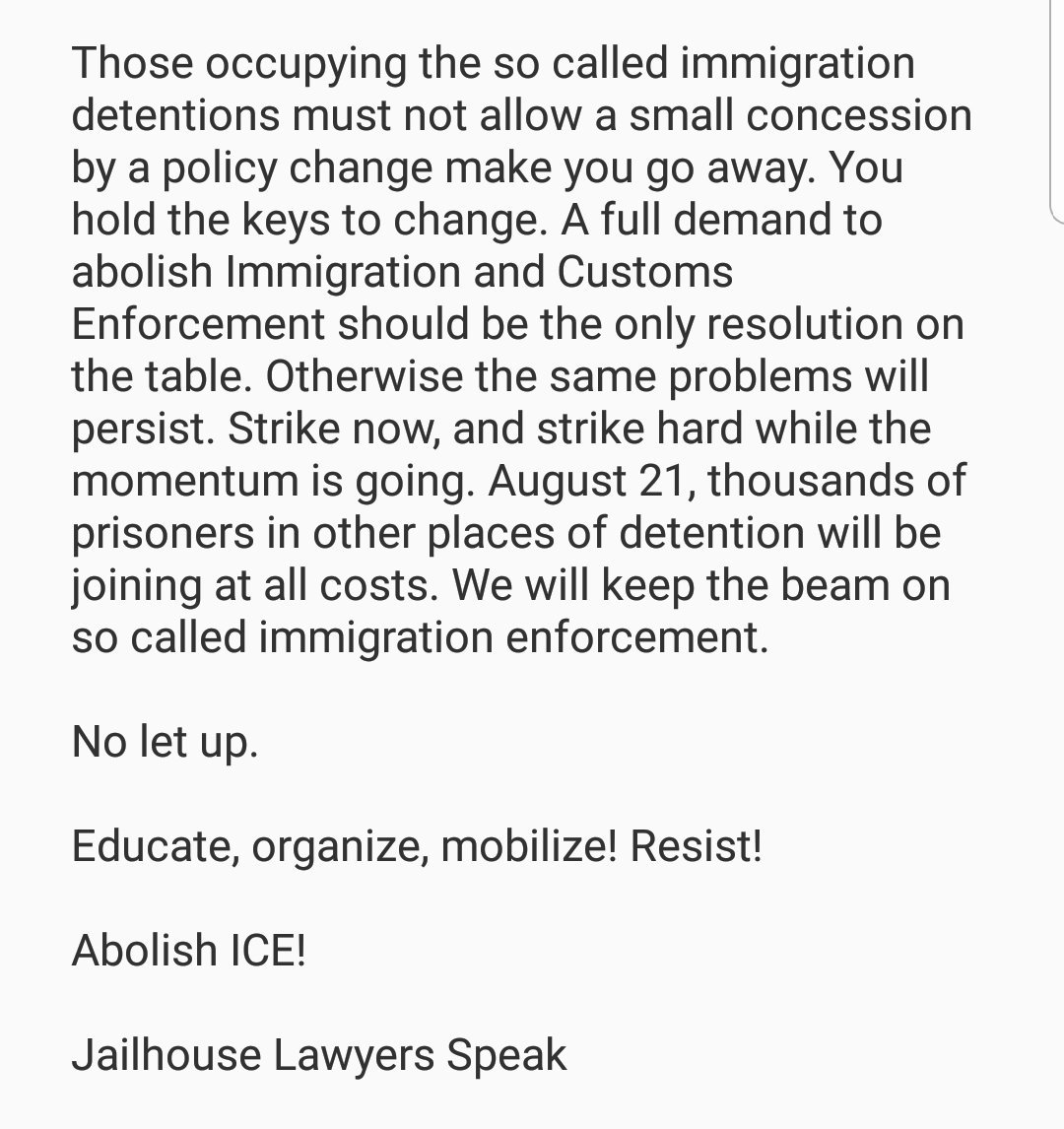 FOR IMMEDIATE RELEASE. STATEMENT FROM JLS ON BEHALF OF THE AUGUST 21 PRISON STRIKE CORE IN SOLIDARITY WITH THOSE RESISTING ICE AND THOSE DETAINED BY ICE
