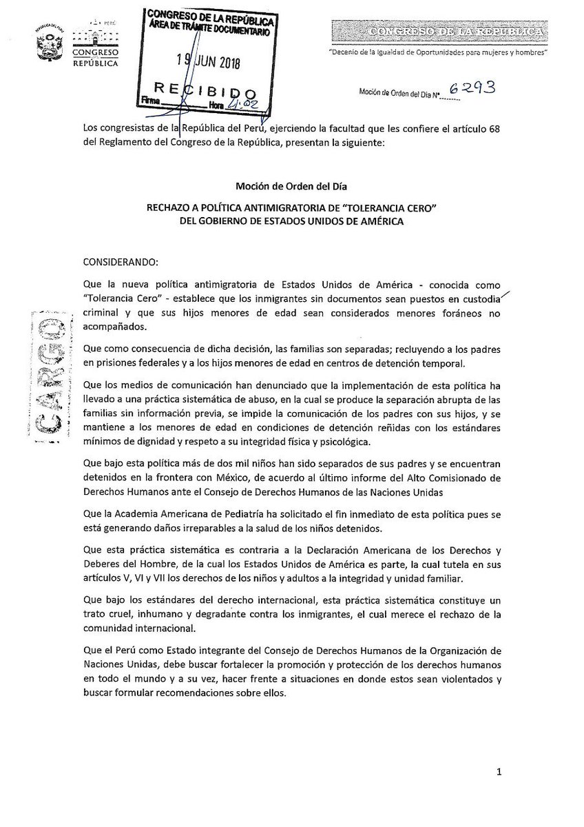AlbertoBelaunde's tweet photo. Hemos presentado una moción multipartidaria rechazando la política antimigratoria del presidente Trump, señalando claramente que vulnera derechos fundamentales, y exhortando al gobierno peruano que actúe. https://t.co/I6LGVKH2Zr