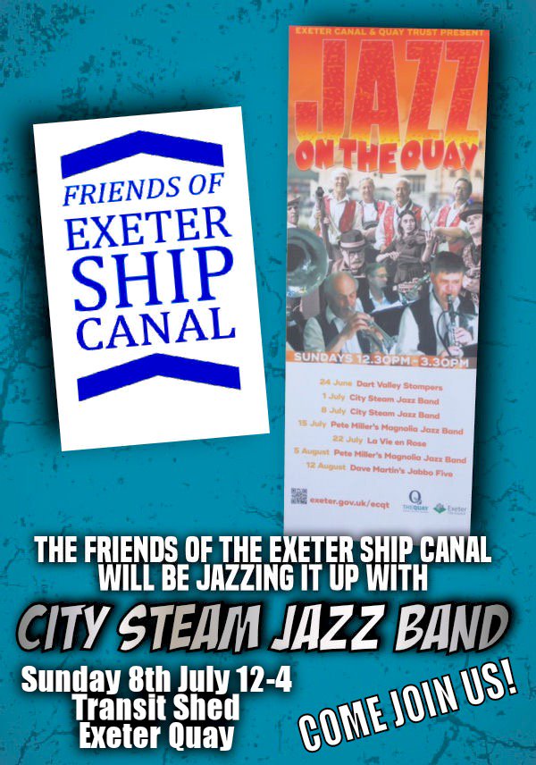 ExeterCanal's tweet photo. Friends' of Exeter Ship Canal 'Jazz It Up' - 8th July starting 12:30 to 15:30.  Come and see the City Steam Jazz Band on the Quay! https://t.co/EMb3EUFnEf