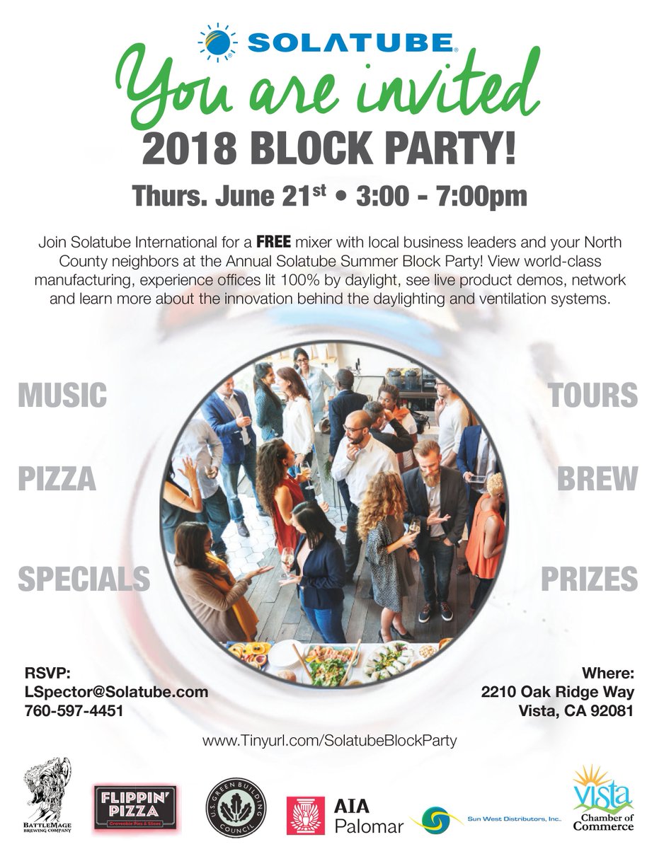 AIAPalomar's tweet image. Who&apos;s ready for the block party of the summer on the longest day of the year? 🙋‍♀️ We are! Join us and @Solatube for their 2018 Summer Block Party! RSVP for free here: tinyurl.com/solatubeblockp…