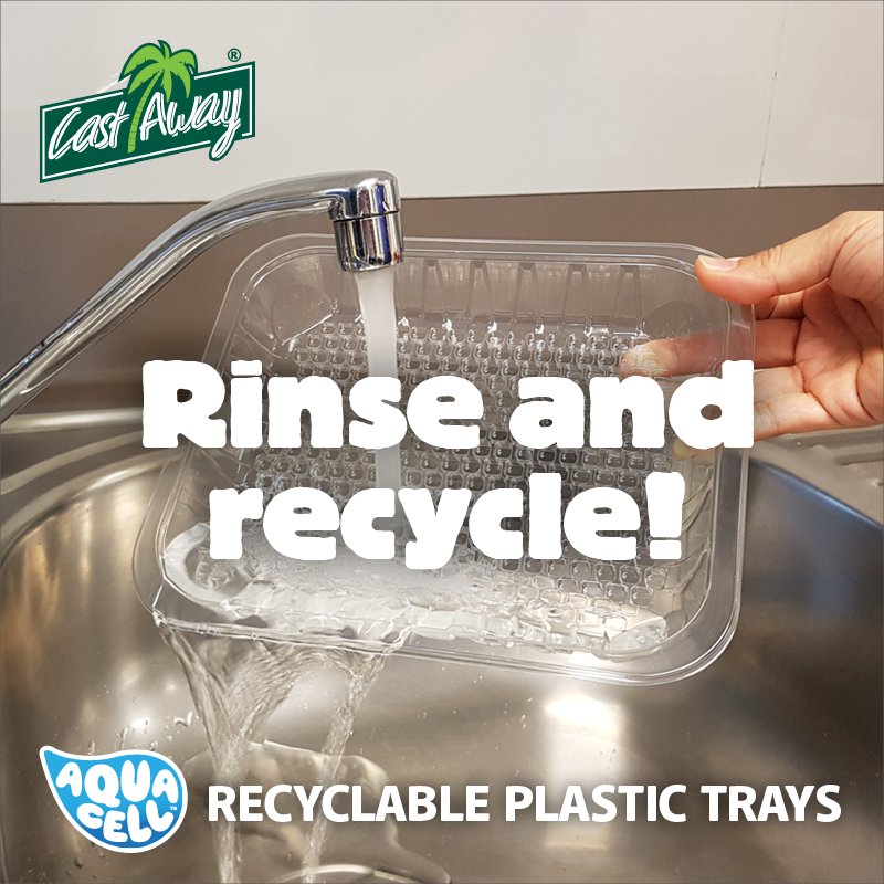 Recycling an Aqua Cell™ meat tray is easy! Just rinse, tap out any excess water, and place in your recycling bin. #aquacell #meattray #recyclable