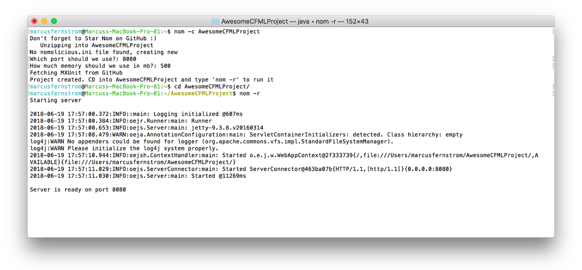 MarcusFernstrom's tweet photo. Nom in action, creating and running a #CFML application in seconds. Written in #freepascal https://t.co/DGels6wzgN