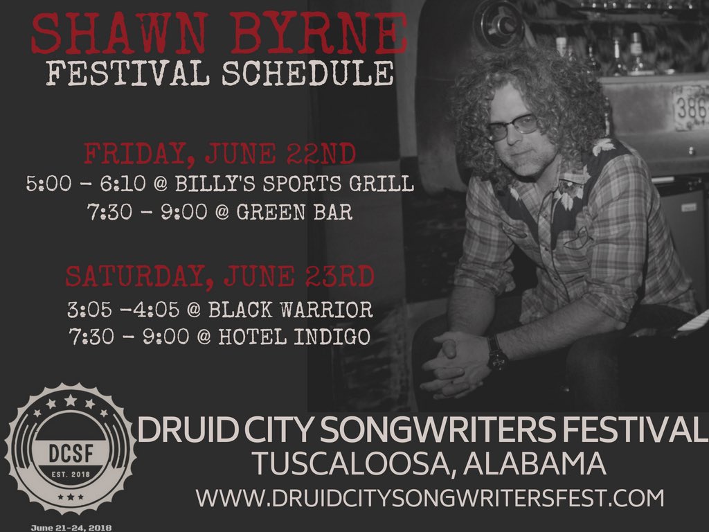 Excited to head down to Tuscaloosa this weekend for the <a href="/dcsfttown/">Druid City Songwriters Festival</a>! Y’all come join us! Friday at <a href="/BillysSportGril/">Billy's Sports Grill</a> &amp; <a href="/GreenBarTtown/">Green Bar</a> then Saturday at <a href="/BlackWarriorBC/">BlackWarriorBrewing</a> &amp; <a href="/hotelindigo/">Hotel Indigo by IHG</a>