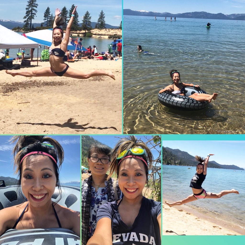 🤸🏻‍♀️🏝🏖Went to Lake Tahoe with my beautiful momma! 🏊🏼‍♀️ Also, me doing jump splits!🤸🏽‍♂️ Feeling much better today. Also, I didn’t get sunburnt this time, just tanner with no burnt, red, skin yay! Haha 😎🏝 # TaHome # LakeTahoe 🏖 # selfie # JumpSplits # fit