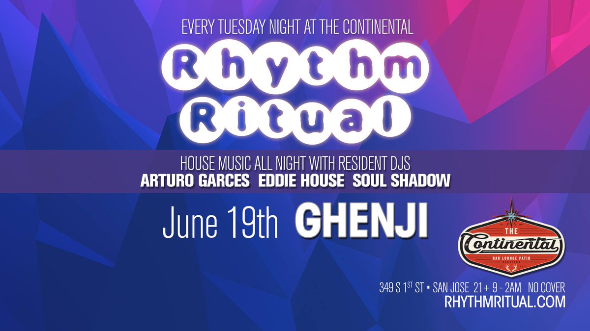 Continental_Bar's tweet photo. Tonight! #RhythmRitual ft. @dj_ghenji plus Eddie House &amp; Soul Shadow. Vibes begin at 9pm, no cover! 💥 #housemusic #sanjose https://t.co/x87Bia6kaF