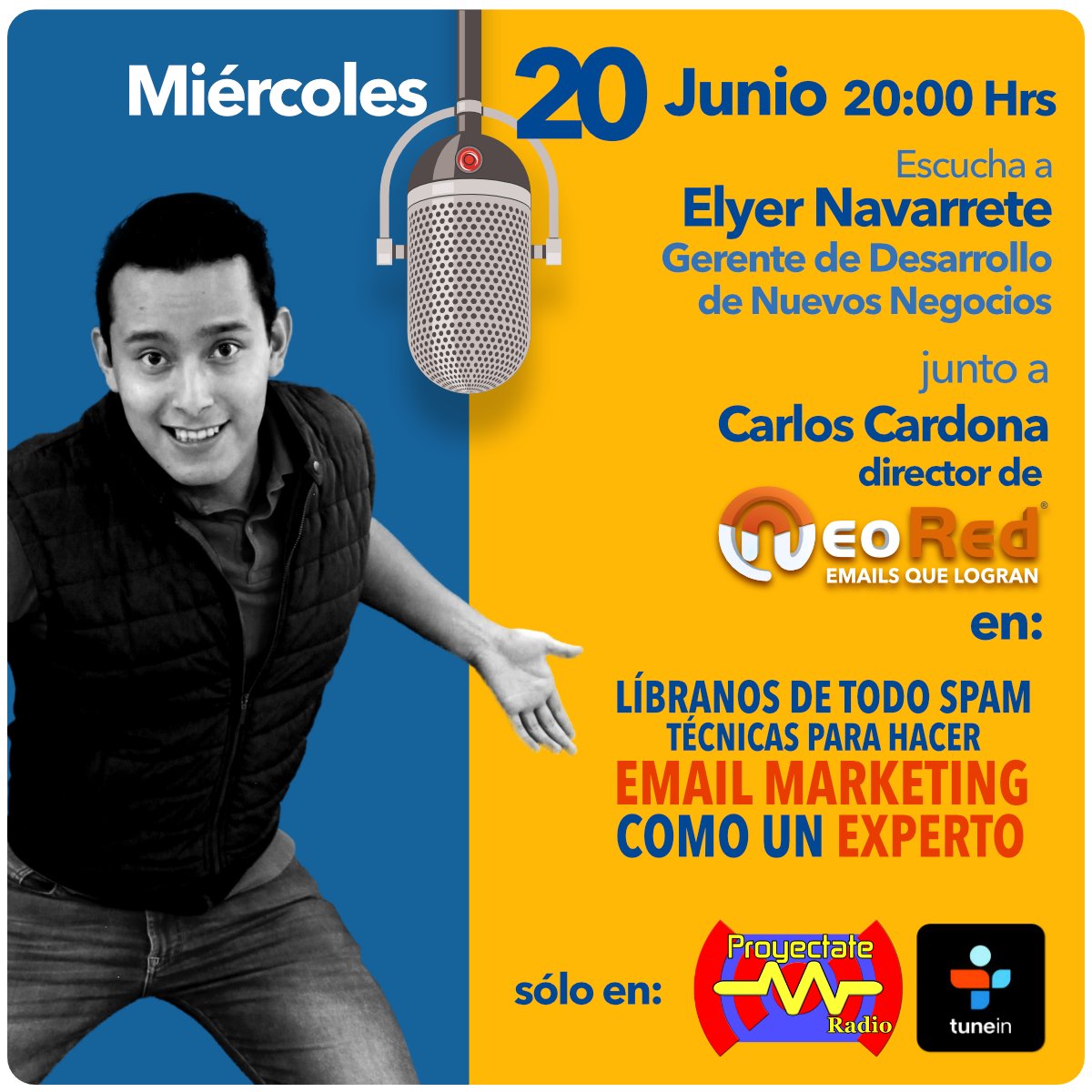 NeoRed's tweet photo. Elyer Navarrete en Proyéctate Radio, compartirá los retos que enfrenta el #emailmarketing, ante políticas internacionales de protección como #GDPR  Conoce las técnicas para un email exitoso. Mié 20 jun, 20:00 hrs.  https://t.co/IxFBUD4AOc  tune in radio: https://t.co/qYh8qY63Qc https://t.co/52OZIrmDu3