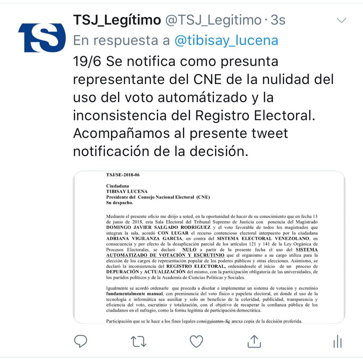 TSJ_Legitimo's tweet photo. 19/6 Ejecutada la notificación de la ciudadana Tibisay Lucena, quien funge como representante del CNE; de la nulidad del uso del voto automátizado y la inconsistencia del Registro Electoral. Acompañamos al presente tweet notificación de la decisión. https://t.co/hfjbJiinGc