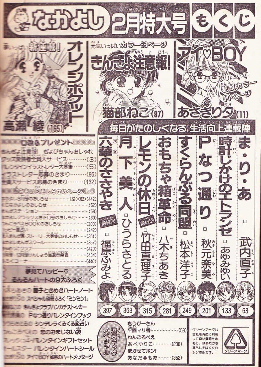 車掌 Sur Twitter 各誌の目次 ぴょんぴょんの掲載作の多さよｗそしてりぼんは一見地味ながらもアニメ 実写化作家 が６名 あーみん入れたら７名 という超豪華連載陣 なかよしも鉄板看板のあさぎり夕を始め ベテランと後の看板作家がせめぎ合う嵐前の静けさといった
