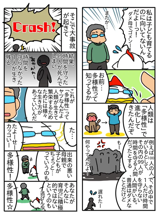 下描きだけして放置してたマンガを消化中ぅ!!
今回は旦那が先日語ってくれた「多様性」についてェ。 