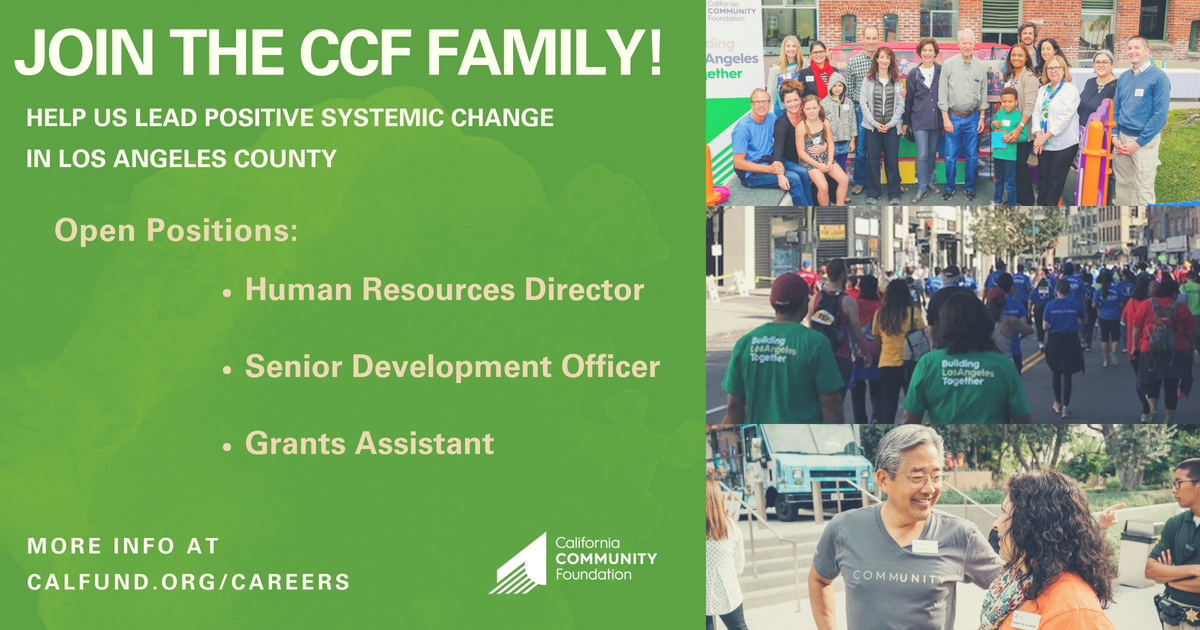 calfund's tweet photo. CCF is hiring - we're looking for a leader to head up our #HR department, an Assistant to help us manage #grantmaking and a Senior #Development Officer to help engage our donors. Join us as we work to strengthen #LosAngeles! #CCFinLA https://t.co/GSeLApFfvB https://t.co/l1hWltFv7E