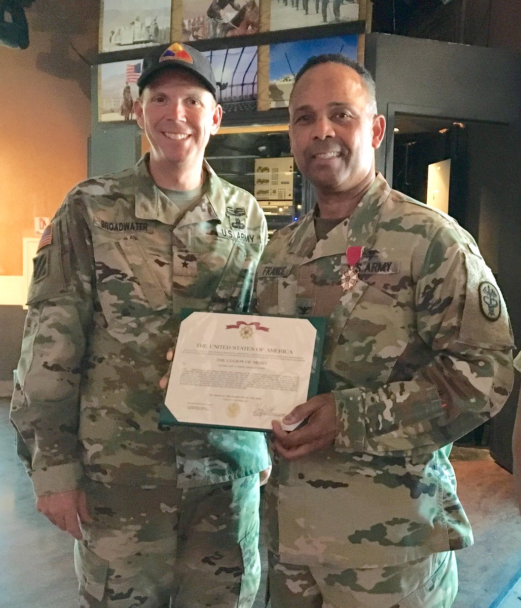 FortIrwinMEDDAC's tweet photo. BG Broadwater @NTC_UPDATE  awarded Col. France with the Legion of Merit on behalf of @LTGWest for exceptionally meritorious service while serving as the command equal opportunity director. https://t.co/yPqhI9DjYl