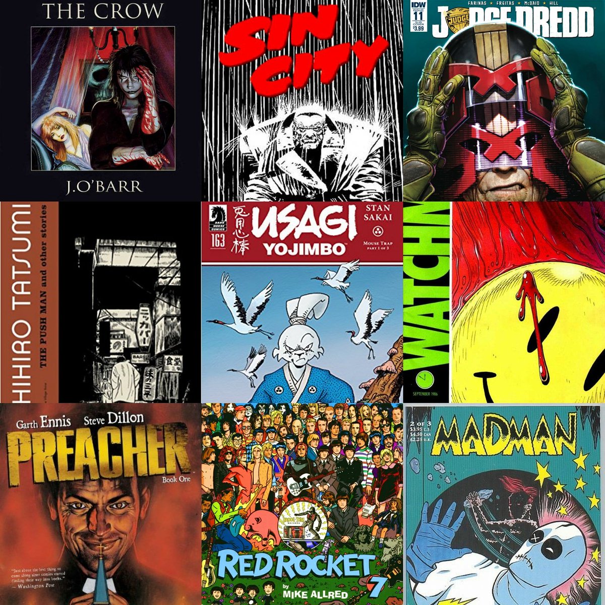 Capt_PirateFace's tweet photo. #thecrow #sincity #frankmillerssincity #judgedredd #thepushman #usagiyojimbo #watchmen #preacher #redrocket7 #MikeAllredsMadman #garthennis #stevedillon #JamesOBarr # #frankmiller #YoshihiroTatsumi #StanSakai #DaveGibbons These comics are the foundation of my youth and I thank U! https://t.co/RPaOpcJr0L