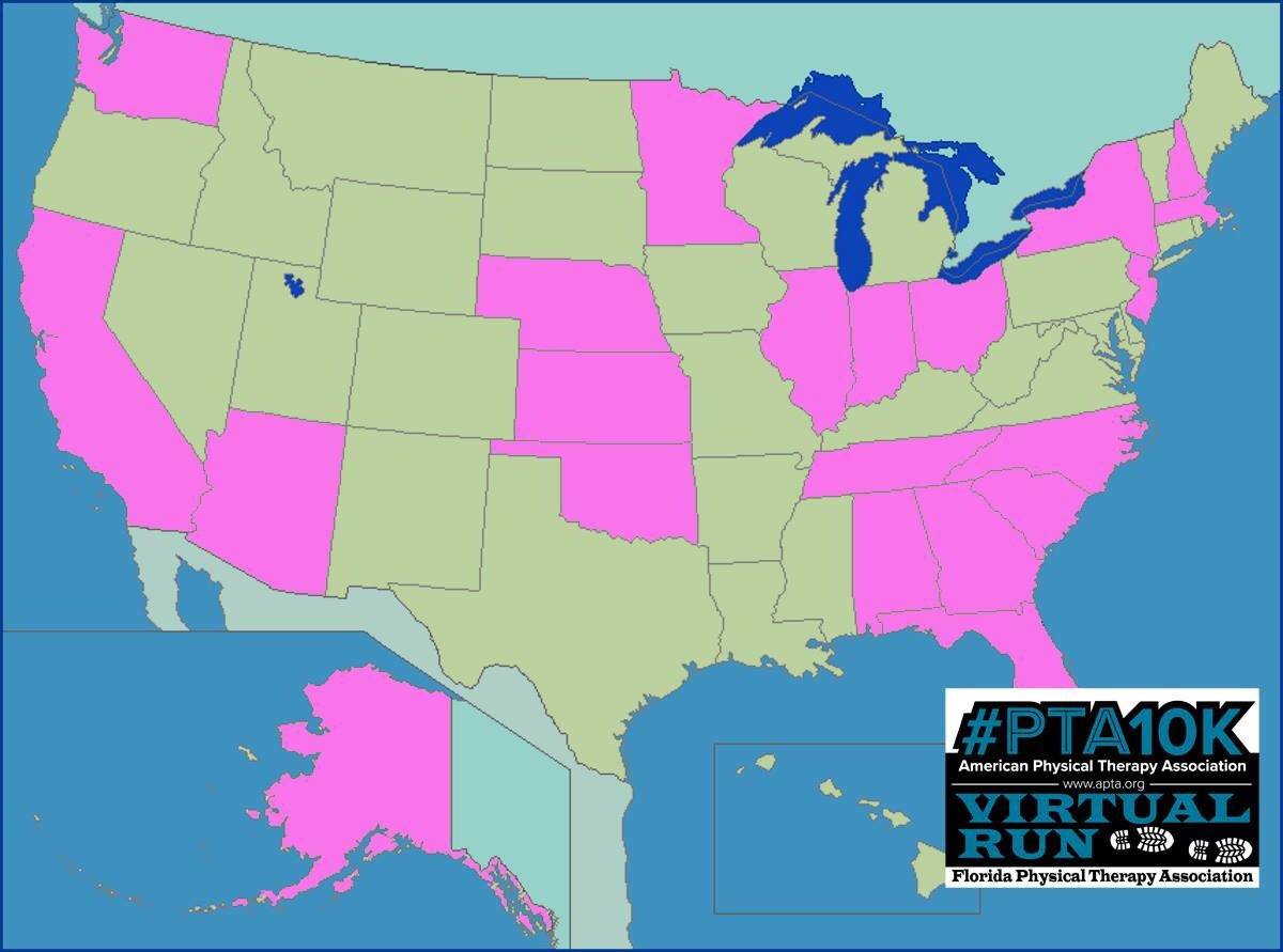 APTAptas's tweet photo. We see you! How great to have this support from across the country? We can't wait to see how you do you!  Let's light this map up Florida flamingo pink!!  #PTA10K #MembershipMatters #APTA #VirtualRun
https://t.co/JnbfVw7lHD https://t.co/RhKeTVVLmR