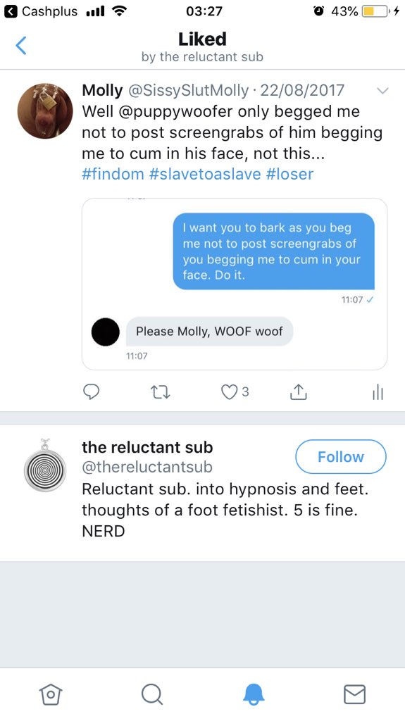 SissySlutMolly's tweet photo. Aww @thereluctantsub is sending my phone crazy showing what he secretly craves. Too many screengrabs to get them all in one tweet. He will RT this. #puppy #loser #slavetoaslave #timetobark https://t.co/J7mcgsLz8n