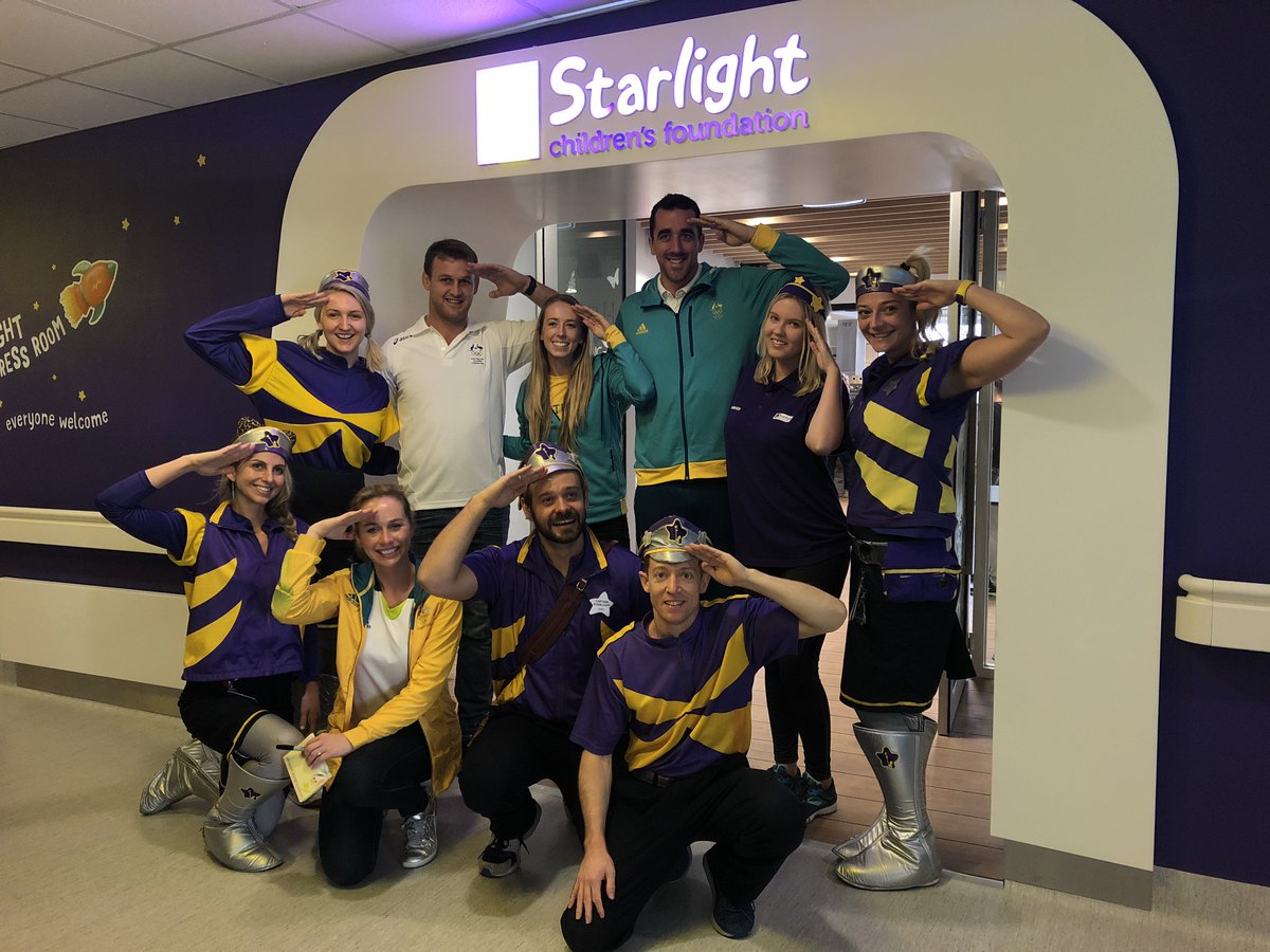 AUSOlympicTeam's tweet photo. Aussie Olympians @annierubie, @MattAbood , Patrick McCutcheon &amp; @LucindaWhitty have been hanging out with some amazing kids and Captain Starlight at the @Starlight_star Room at Sydney Children's Hospital for #OlympicDay https://t.co/wX5F4iyx4d