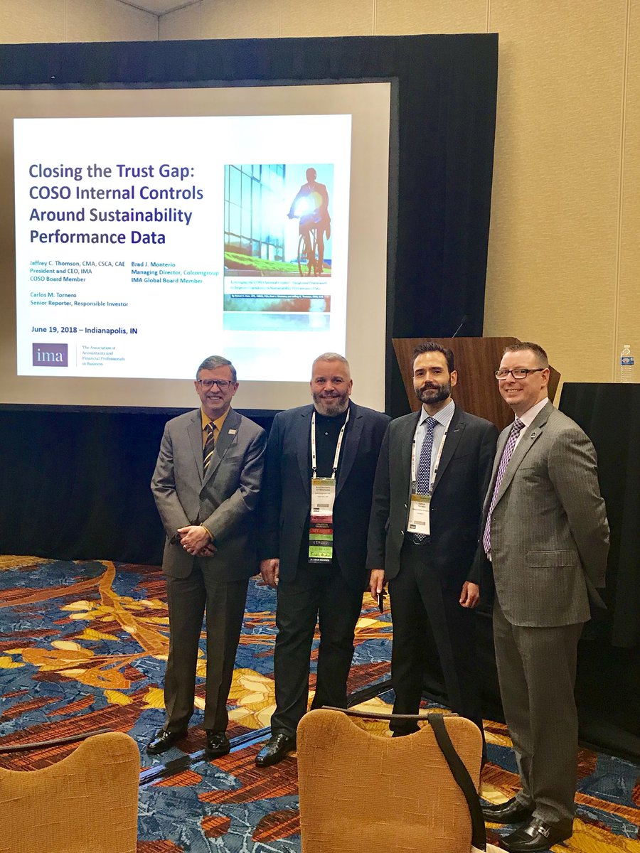 IMA_News's tweet photo. @IMA_JeffThomson, Brad Monterio, and Carlos Tornero on COSO Internal Controls around Sustainability Performance Data. #IMA18ACE https://t.co/t6onyfoaS0