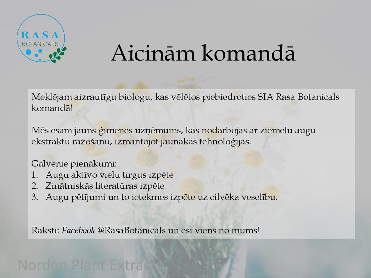 LUBFSP's tweet photo. SIA Rasa Botanicals meklē praktikantus!
Ja vēlies iegūt praksi strauji augošā uzņēmumā, piesakies! https://t.co/noFRdDIBE1