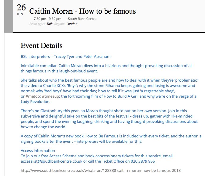 SignedCulture's tweet photo. Caitlin Moran - How to be Famous #BSLinterpreted 26th June 7.30pm @southbankcentre why not book to see this laugh-out-loud event!
@Bexleydeafcent @ReadingDeafInfo @DeafProfNet @BDAYouth https://t.co/CU3j7LEAqP