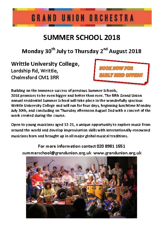 Aged 12-21 and want to know more about World Music? Then sign up for the Summer Course run by our friends at <a href="/Grand_union/">The Grand Union Orchestra</a> . This runs from 30th July to 2nd August. For more details see the attached flyer or click the link. ow.ly/4DN030kzDpD