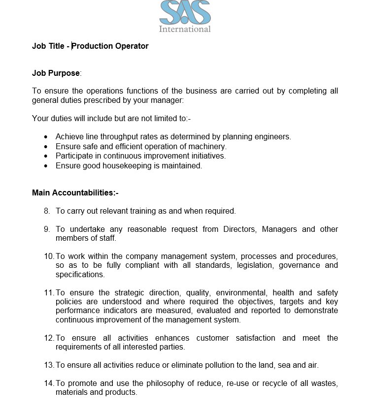 ** JOB OPPORTUNITY **

SAS International in Maybole are currently looking for a Production Operator to join their team. For more information or to apply please contact JHeath@sasint.co.uk.