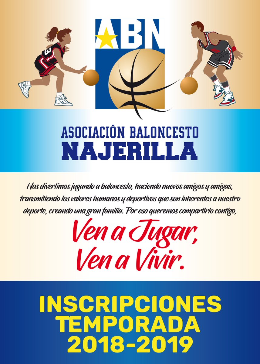 ABNajerilla's tweet photo. VEN A JUGAR!!! VEN A VIVIR!!! TEMPORADA 18/19. Entrenamientos, educación en valores, partidos, experiencias, compañerismo, torneos, ilusión... todo esto y mucho más!!! Inscripciones: email y Pol.Multiusos (Nájera) Pronto también en la web!!! #BALONCESTO #ABN 🏀⛹️‍♀️⛹🏻‍♂️ https://t.co/ih0s1WxBly