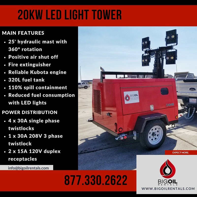 BigOilRentals's tweet photo. We now have 20kw LED light towers! These units are ready to work! Save on fuel consumption with LED lights compared to standard 1000 watt metal halide lights. #bigoilrentals #expectmore #lightower #kubotapower #ledlights https://t.co/M3clByfeAy