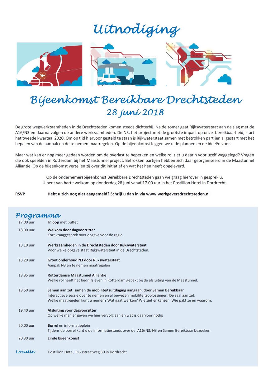 hiaonderneemt's tweet photo. bijeenkomst #bereikbaredrechtsteden met @Rijkswaterstaat over oa #n3 en #a16: donderdagavond 28 juni @PostillionHotel #dordrecht. Meer info en aanmelden bij @WDactualiteiten: https://t.co/lbzkPMYk6F https://t.co/udDJmd4PgI