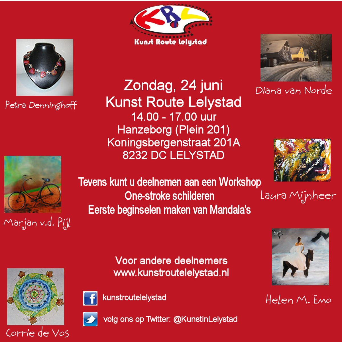 Zondag 24 juni is er weer een Kunstroutelelystad.
U bent van harte welkom oa in de Hanzeborg.