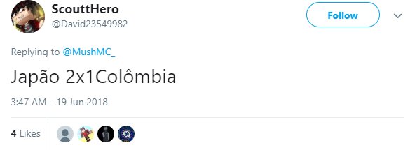 📝 Ganhadores dos Jogos do dia 19/06
Colômbia 🇨🇴 (1) x (2) 🇯🇵 Japão
Ganhador: <a href="/David23549982/">Beckerzin Debochaduu</a>

Polônia 🇵🇱 (1) x (2) 🇸🇳 Senegal
Ganhador: @MatheusTeamYT

Rússia 🇷🇺 (3) x (1) 🇪🇬 Egito 
Ganhador: @ThisIsArDing