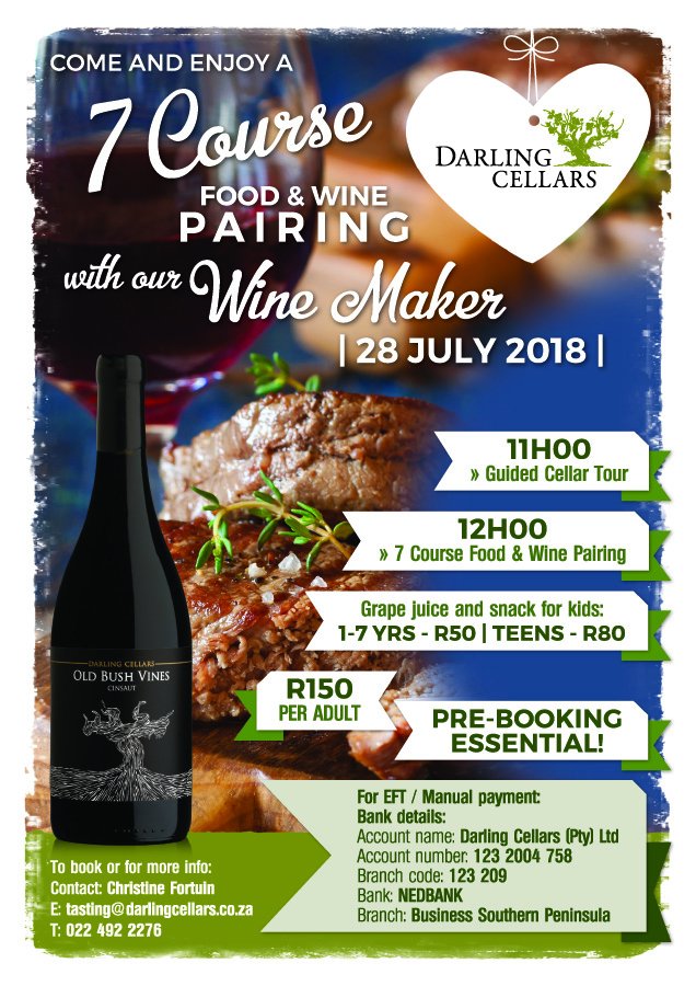 Come and enjoy a 7-course Food & Wine Pairing with our Winemaker on 28 July 2018!

Pre-Bookings are ESSENTIAL!

➡️ Book at tasting@darlingcellars.co.za

#food #foodandwinepairing #darlingwines #meetthewinemaker #weskusbeskus