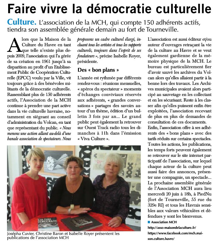 MCHavre's tweet photo. #AG C'était hier dans la presse @paris_normandie .
On se retrouve ce soir pour notre AG à 18h à l'Alvéole de PiedNu qui nous fait le plaisir de nous accueillir #lehavre #maisondelaculture https://t.co/0rM3UVxtx3