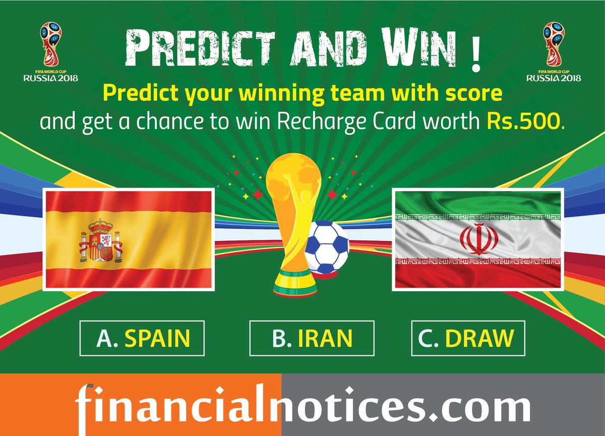 advertisingnp's tweet photo. Like &amp; Share the Facebook page https://t.co/xpUuL1dhCF to be eligible to win. 
Predict the score in the comment box. The selected winner will get a recharge card worth Rs. 500.  
Note: Comments will be valid till 11:44 PM on Today. #FinancialNotices #FifaWorldCup18 #Nepal https://t.co/gavUNXCnL7