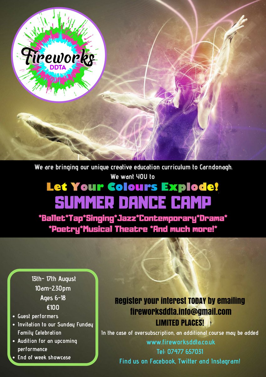 fireworksddta's tweet photo. We are excited to announce that we are bringing our unique creative education curriculum to #Carndonagh with our Summer Dance Camp from 13th-17th August for ages 6-18. We have limited places so register your interest TODAY by emailing fireworksddta.info@gmail.com #Dance #Drama https://t.co/89RG8MACNG