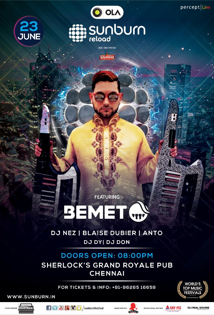 SunburnFestival's tweet photo. #Chennai - We are back to your city with two nights of music madness with #BEMET (23 June) & @AIZYDJ (24 June) at #OLASunburnReload - For tickets & info: +91-96265 16659 - Online tickets> https://t.co/9gg9ZTPCHc https://t.co/tTU3QyV8xY