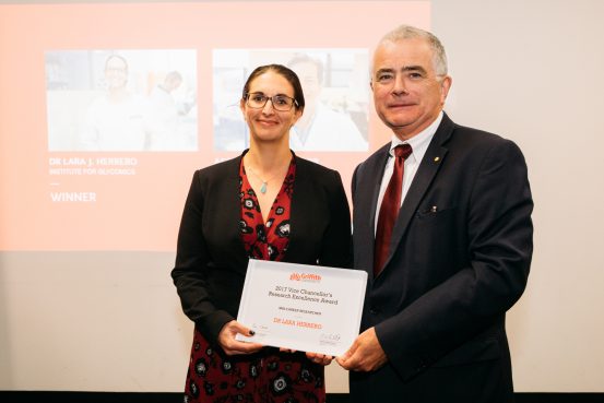 Congrats to @Griffith_Uni VC #ResearchExcellenceAward winner Lara Herrero of #Griffith’s Institute for Glycomics. Dr Herrero was awarded the Mid-Career Researcher Award in recognition of her work with @GlycoGriffith including developing a potential treatment for #RossRiverVirus