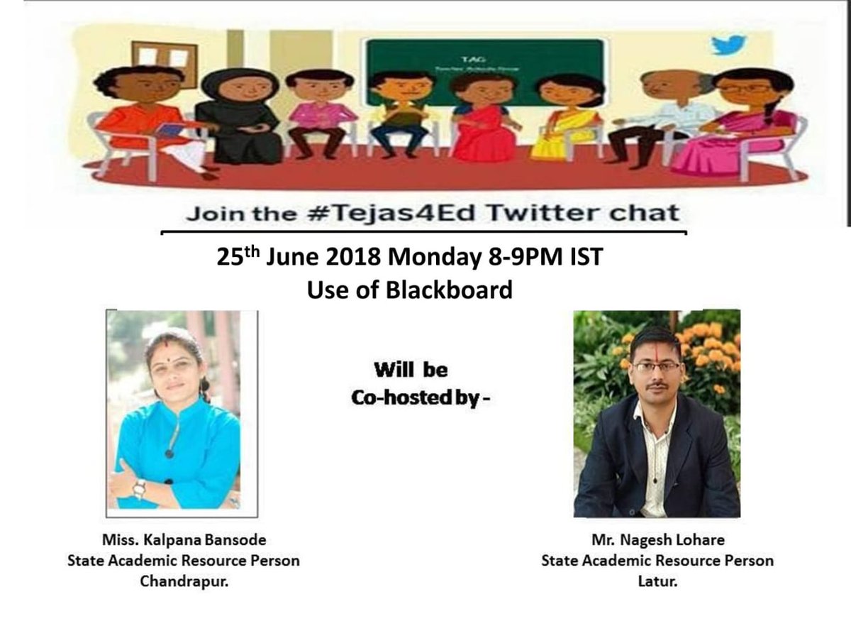 All teachers &amp; educators are invited to join #tejas4ed monthly twitter chat.
Topic:-Use of Blackboard
Co host :- Kalpana &amp; Nagesh
Date:-25th June 2018 Time:- 8-9 PM IST
<a href="/subhashkamble10/">subhash kamble</a> @radhikaEd @amyelightfoot  <a href="/deepadharmaraj/">Deepali Dharmaraj</a> <a href="/RustomMody/">Rustom Mody</a>  <a href="/nakkssss/">Nagesh Ashok Lohare</a> <a href="/Kalpana91756287/">Kalpana</a>  #eltchat