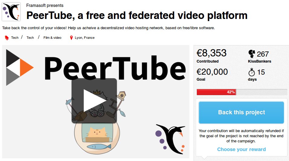 framasoft's tweet image. Wow! Le crowdfunding #PeerTube vient d'atteindre les 42%! \o/
Plus que 15 jours pour atteindre notre but, alors continuez d'en parler, de partager, et de #JoinPeertube kisskissbankbank.com/fr/projects/pe…