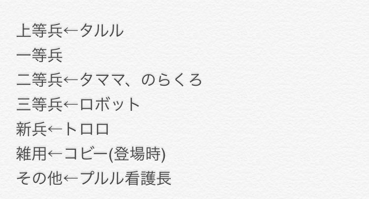 ですよ Pa Twitter 軍隊階級 宣伝するものが何もないので バスったツイートのリプやコメ付きツイート 通知で流れて追いきれてないけど と個人的に忘れてた部分などを入れました 感想としては あのキャラとあのキャラが同じ階級なのか と新たな発見ができ アニメ